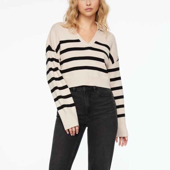 Dynamite Sweaters - Dynamite Pull Polo Court Cropped Striped Polo Fine Stretch Knit Collared Sweater